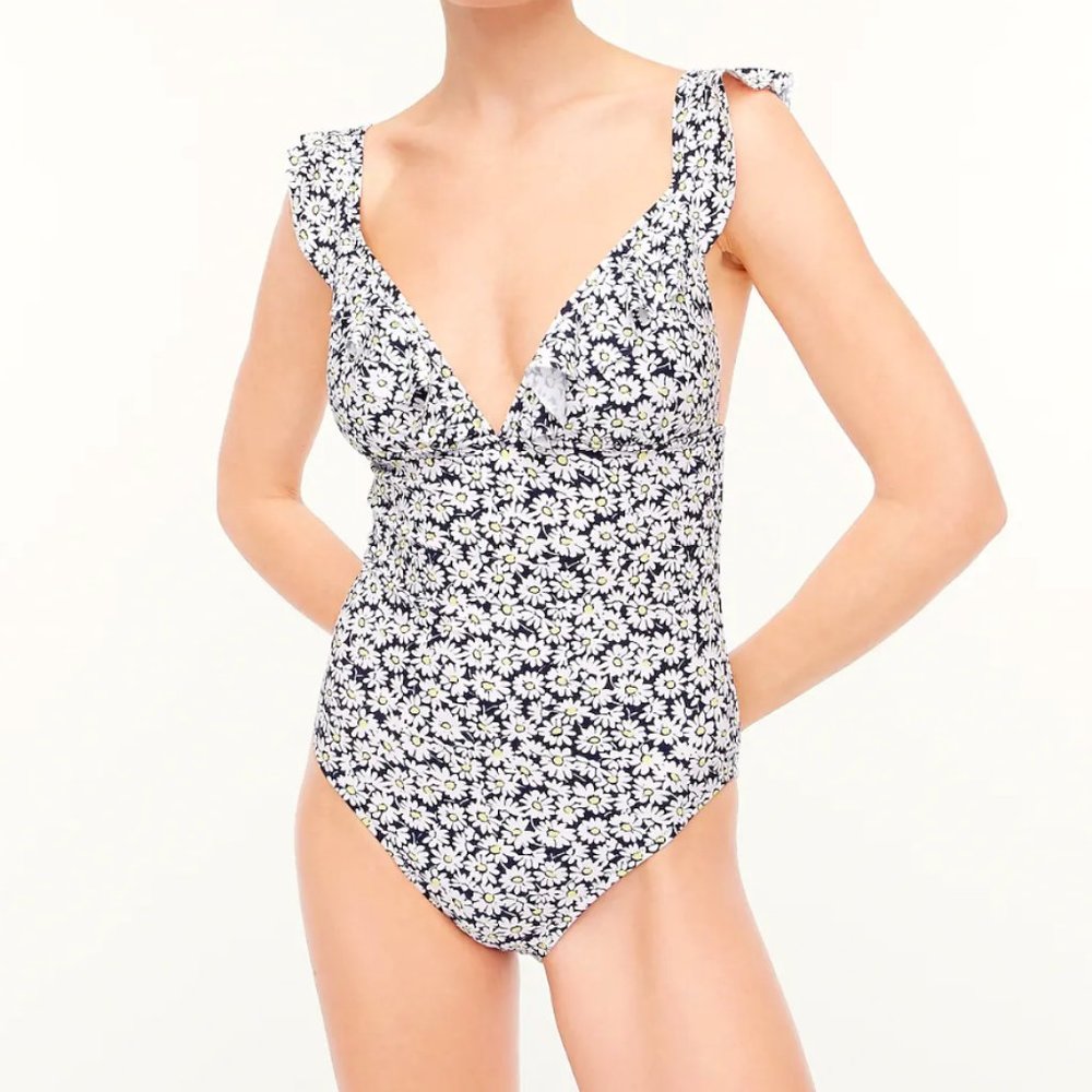 J.Crew Floral ruffle-shoulder V-neck one-piece Swimsuit.